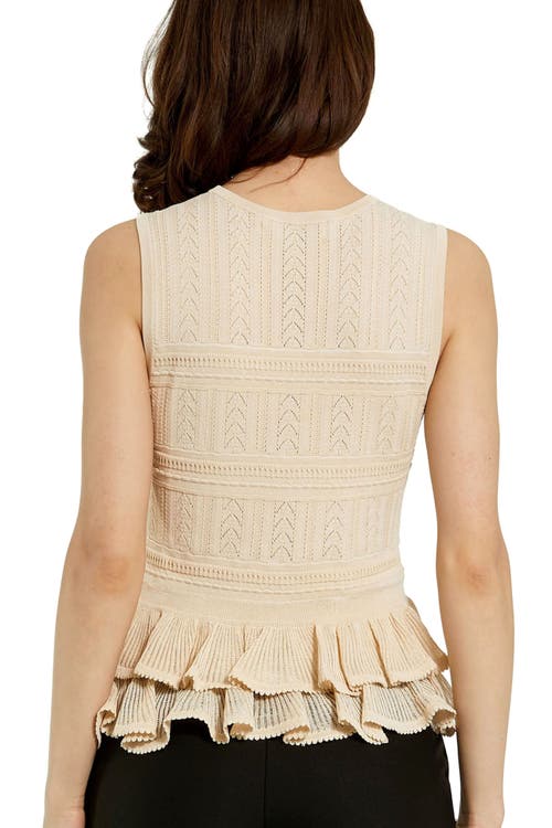 Mac Duggal Sleeveless High Neck Knit Top With Ruffle Hem In Oat