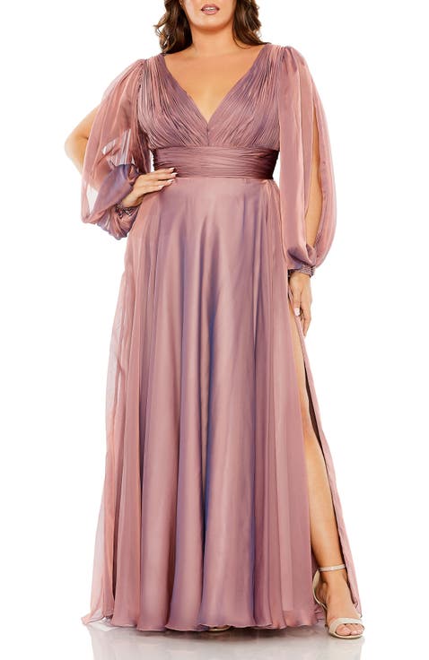Chiffon Gown with Sheer Embellished Puff Sleeves, Ruched Waist