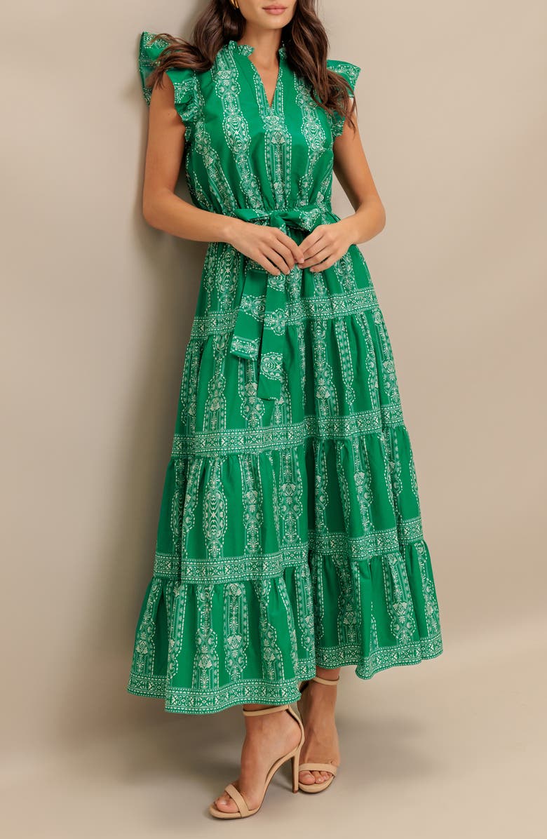 FLYING TOMATO Cap Sleeve Tiered Cotton Maxi Dress, Alternate, color, Green