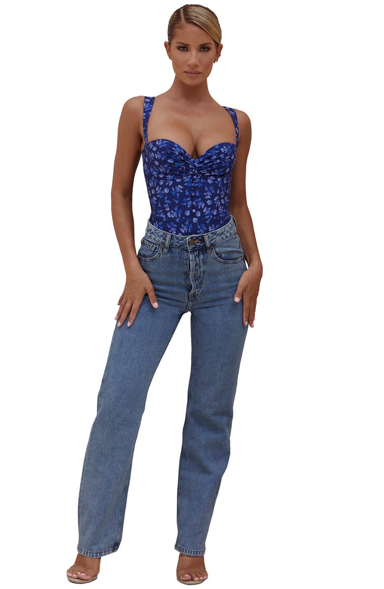 HOUSE OF CB Savia Floral Corset Bodysuit, Alternate, color, Sapphire Floral Print