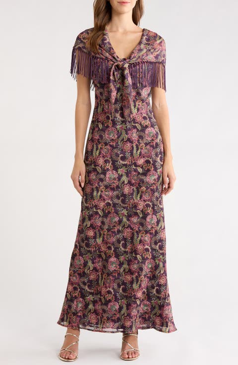 Printed Fringe Off the Shoulder Maxi Dress