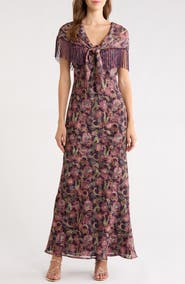 Avec Les Filles Printed Fringe Off the Shoulder Maxi Dress