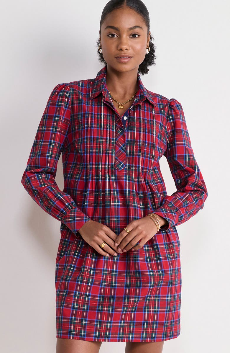 vineyard vines Plaid Long Sleeve Stretch Cotton Popover Dress, Alternate, color, Yuletide Tartan Medium Red