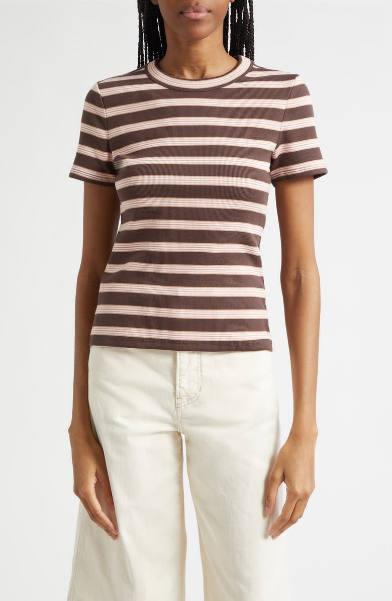 Veronica Beard Pruitt Stripe Rib T-Shirt, Main, color, Brown Stripe