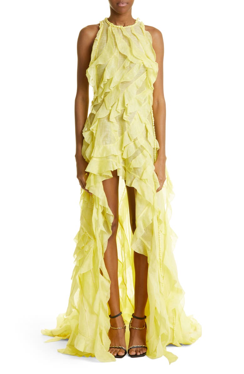 Zimmermann Wonderland Waterfall Ruffle High-Low Linen & Silk Gown, Main, color, 