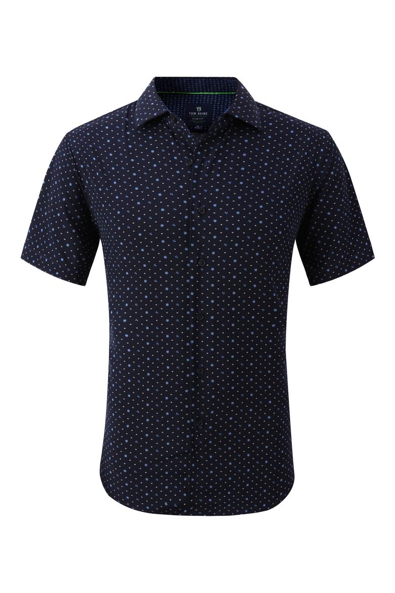 Anchor Print Slim Fit Short Sleeve Performance Stretch Button-Up Shirt, Alternate, color, NAVY BLUE