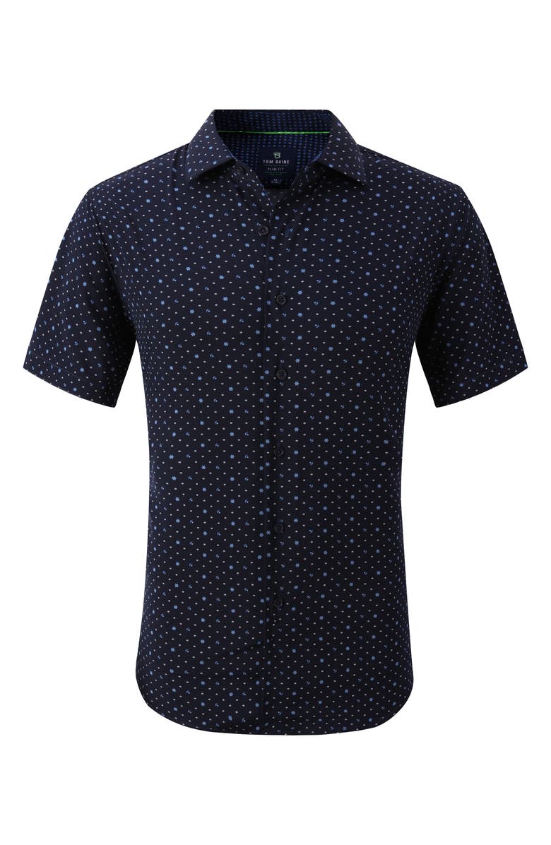 TOM BAINE Anchor Print Slim Fit Short Sleeve Performance Stretch Button-Up Shirt, Alternate, color, Navy Blue