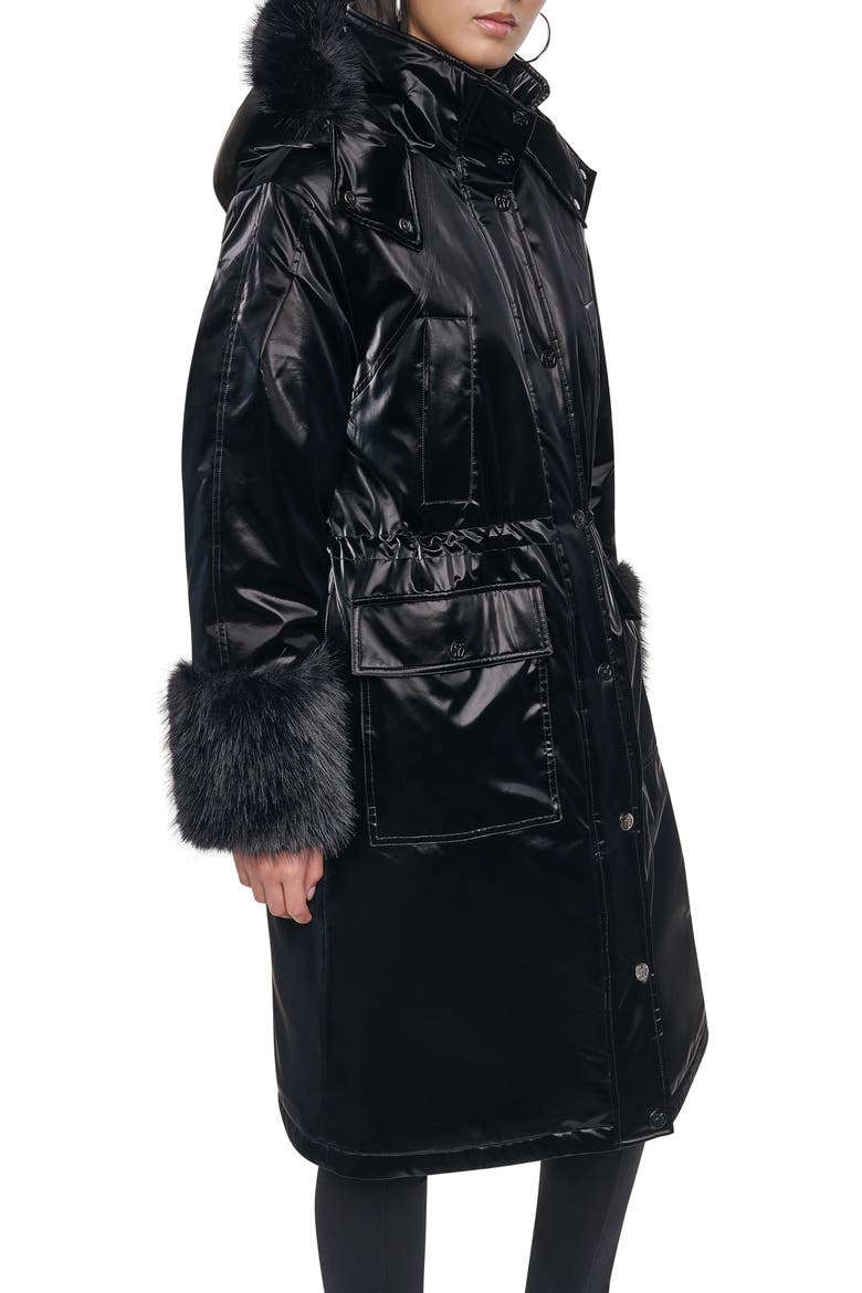 Faux Fur Cuff Nylon Velvet Puffer Coat, Alternate, color, BLACK