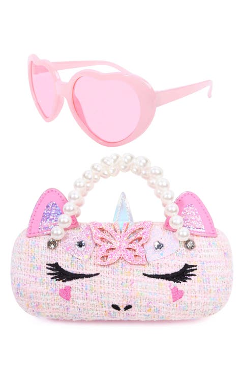 Kids' Gwen Tweed Pearl Handle Unicorn Purse & Heart Sunglasses Set (Big Kid)