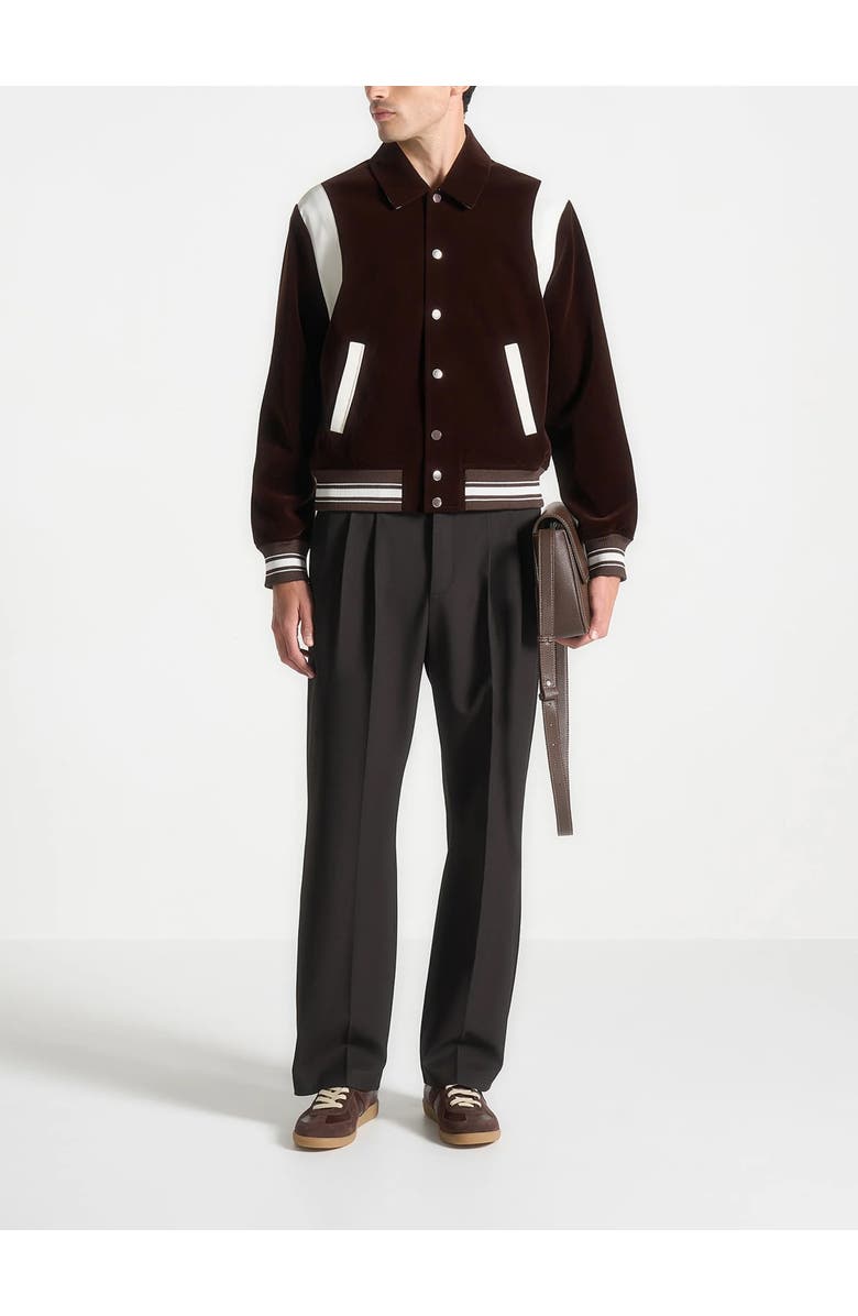 Manière De Voir Nico Velvet & Satin Varsity Jacket, Main, color, Brown