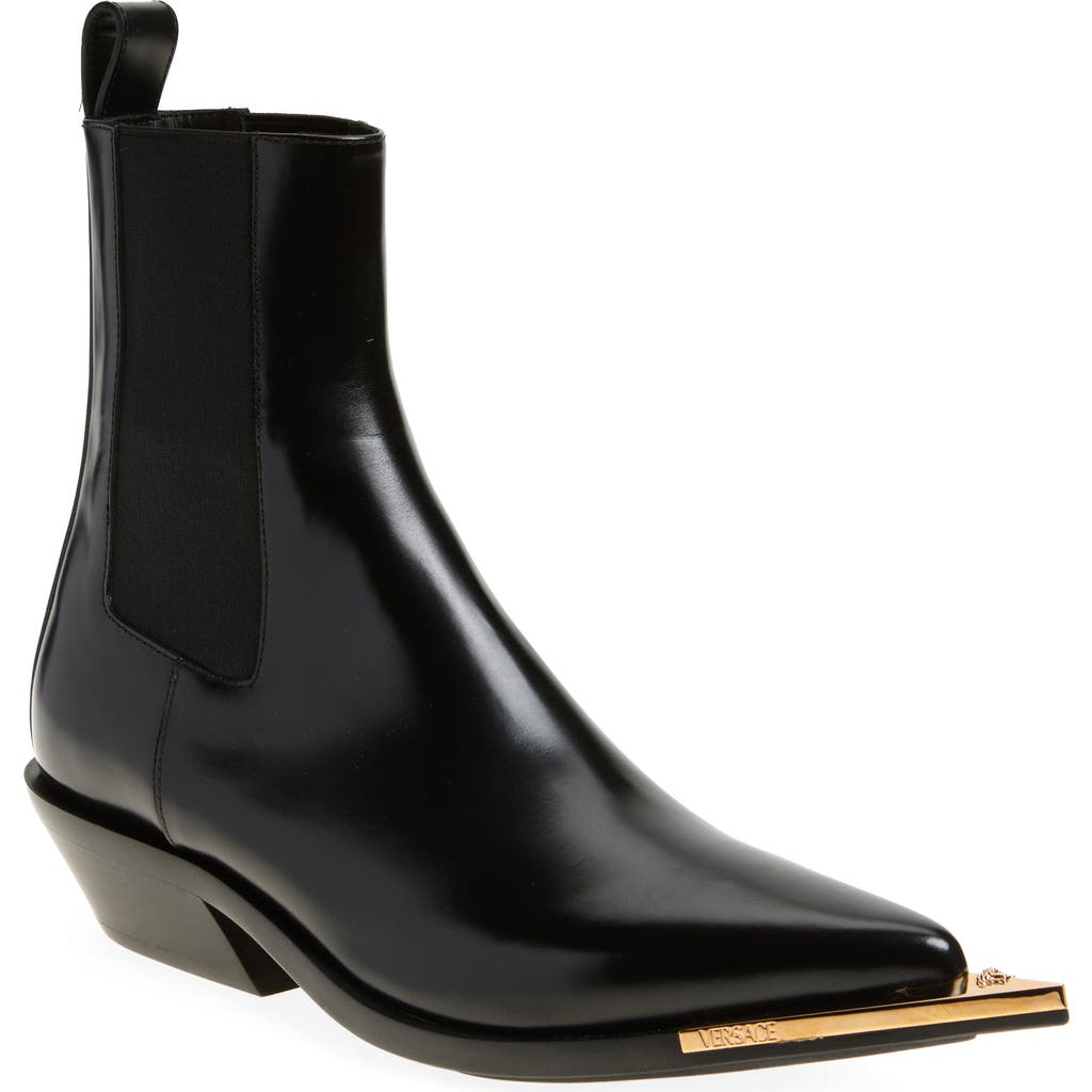 Versace Arrow Pointed Toe Boot In Black