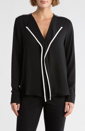 Dkny Long Sleeve Contrast Ruffle Top In Black