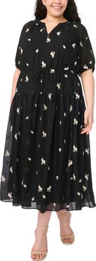 CeCe Print Tie Waist Midi Dress