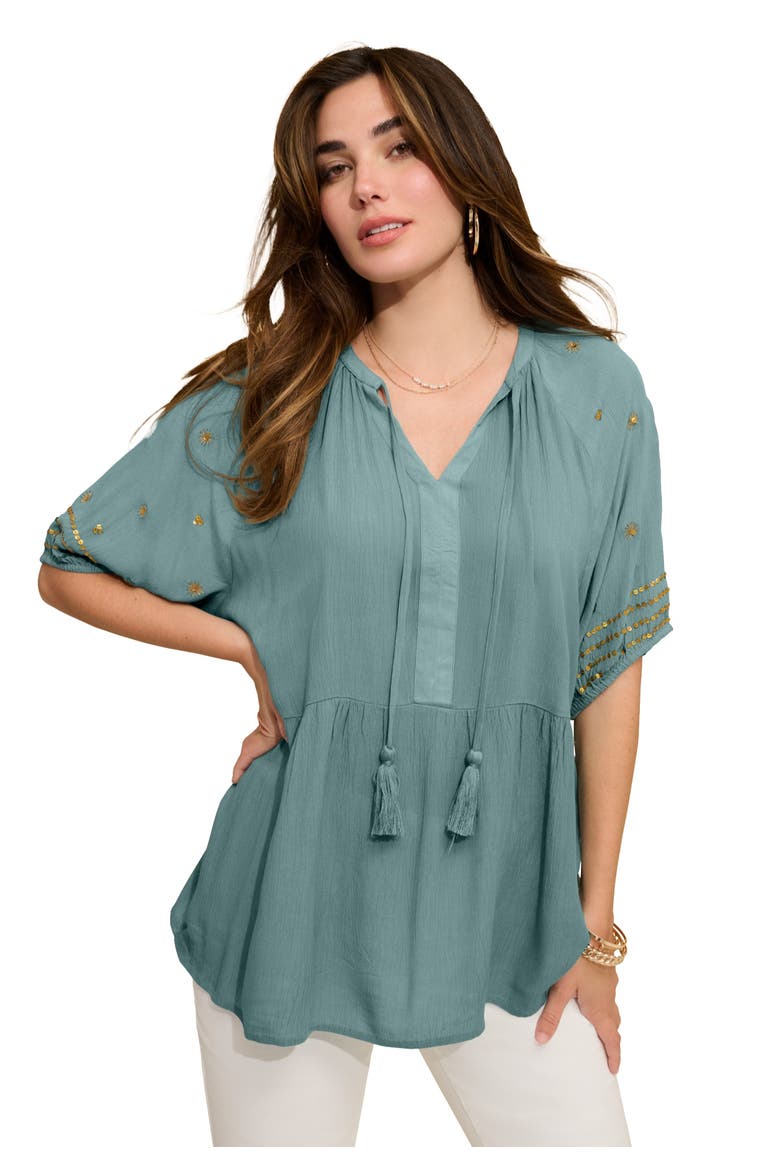 Plus Size Crinkle Rayon Tie Neck Embroidered Blouse, Main, color, COOL SAGE EMBELLISHMENT SLEEVE