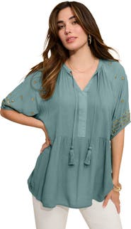Roaman's Plus Size Crinkle Rayon Tie Neck Embroidered Blouse