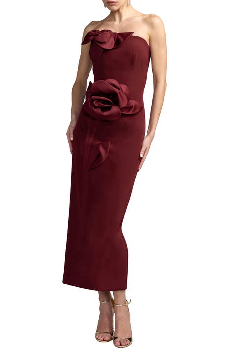 Women's Strapless Crepe Ankle Dress With 3D Satin Flowers
