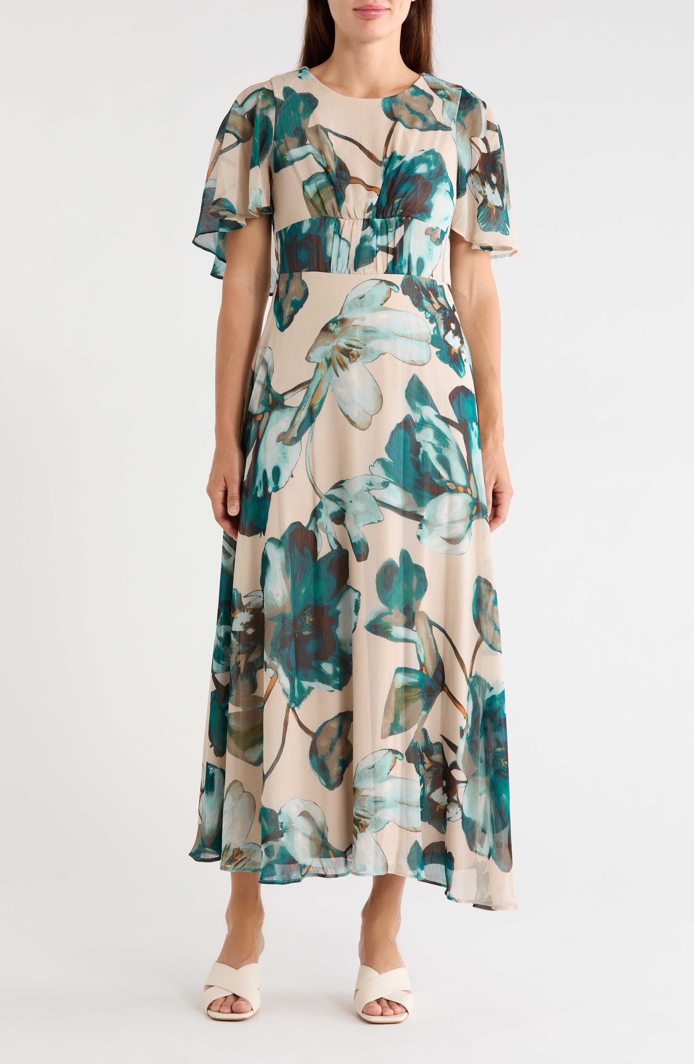 Floral Cape Sleeve Chiffon Maxi Dress