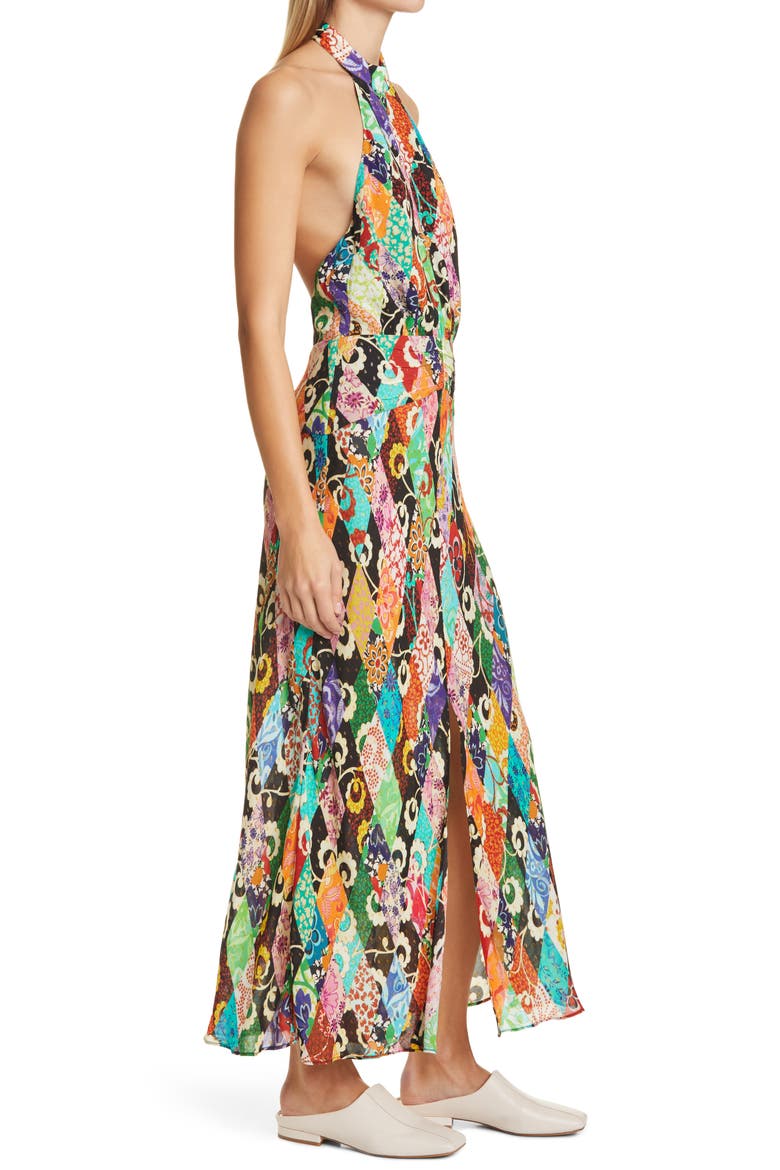 Kendra Metallic Fiber Pattern Mix Halter Neck Backless Maxi Dress, Alternate, color, PATCHWORK