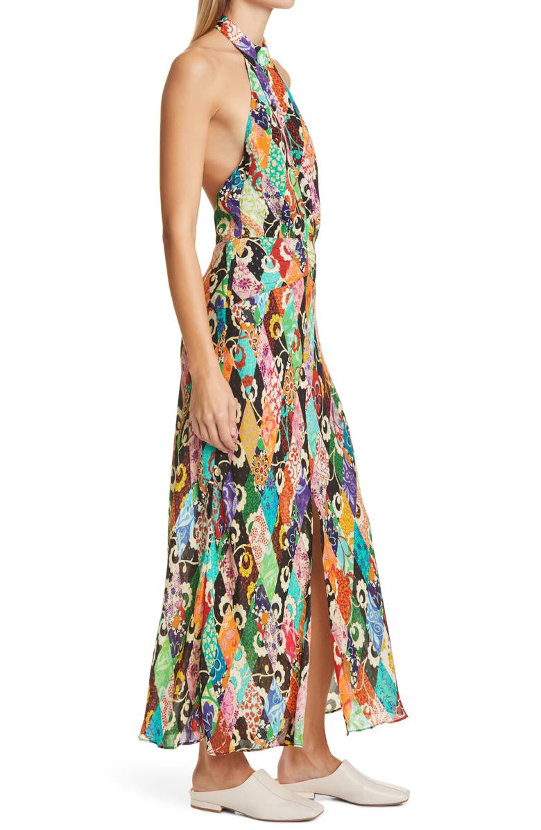 RIXO Kendra Metallic Fiber Pattern Mix Halter Neck Backless Maxi Dress, Alternate, color, 