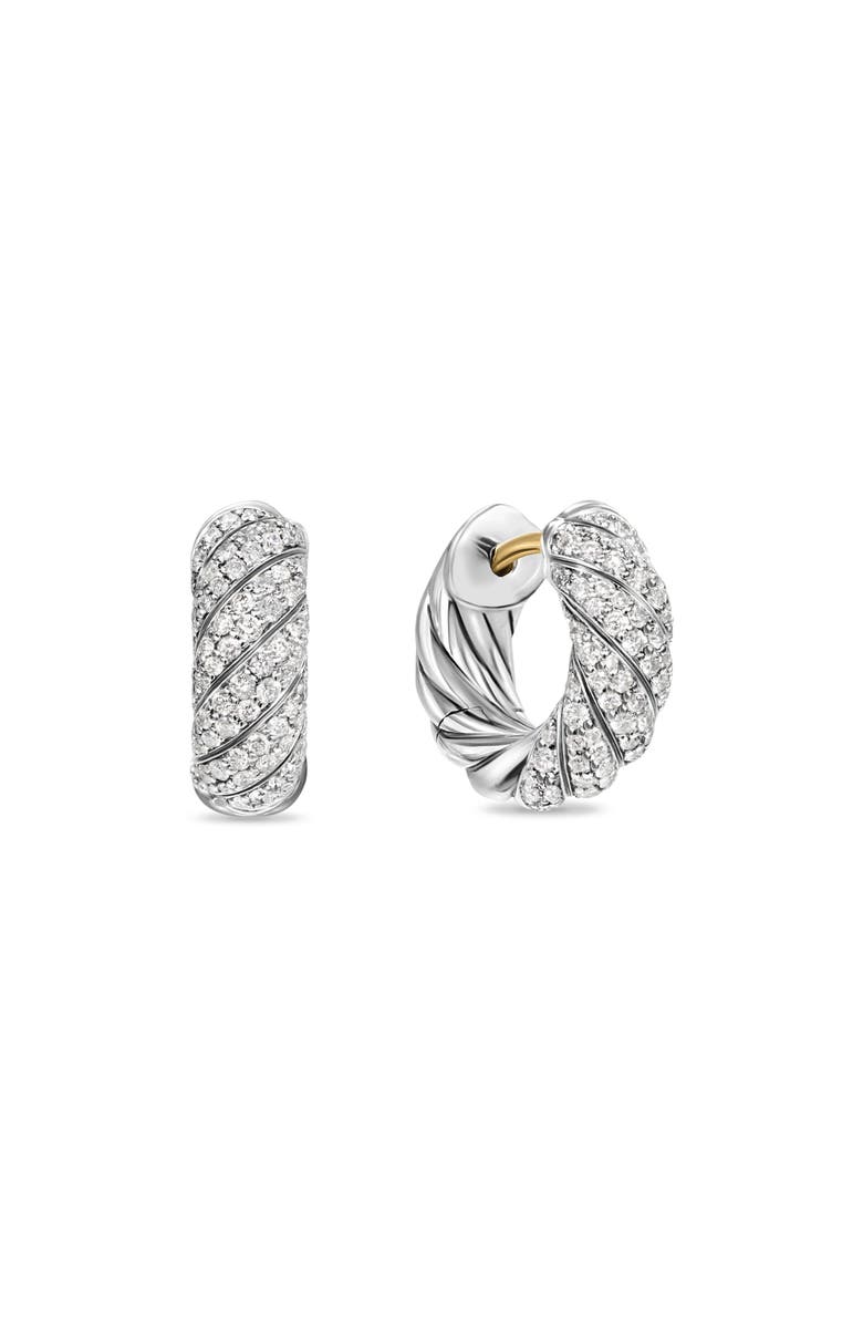 David Yurman Sculpted Cable Hoop Earrings in Sterling Silver with Diamonds, 14.4mm, Main, color, Sterling Silver