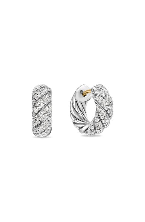 Sculpted Cable Hoop Earrings in Sterling Silver with Diamonds, 14.4mm
