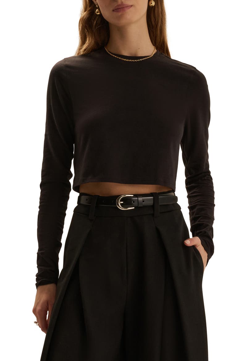 The Laura Stretch Cotton Long Sleeve Crop T-Shirt, Main, color, BLACK