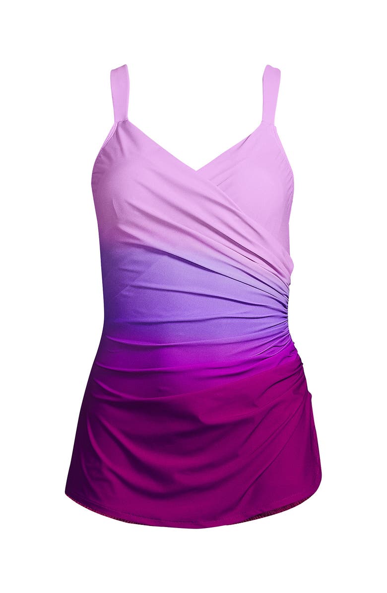 Lands' End DDD-Cup Slender V-Neck Tummy Control Chlorine Resistant Skirted One Piece Swimsuit, Alternate, color, Crimson Rose/Purple Ombre