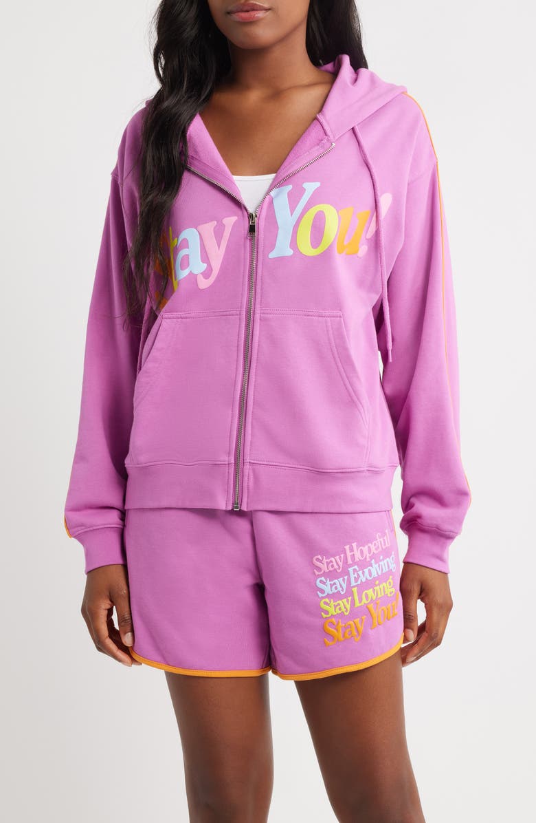 THE MAYFAIR GROUP Stay You Oversize Full Zip Graphic Hoodie, Main, color, Pink