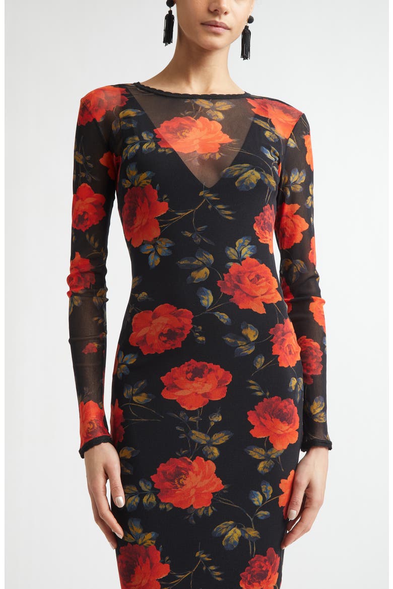 Rose Print Long Sleeve Mesh Dress, Alternate, color, BLACK MULTI