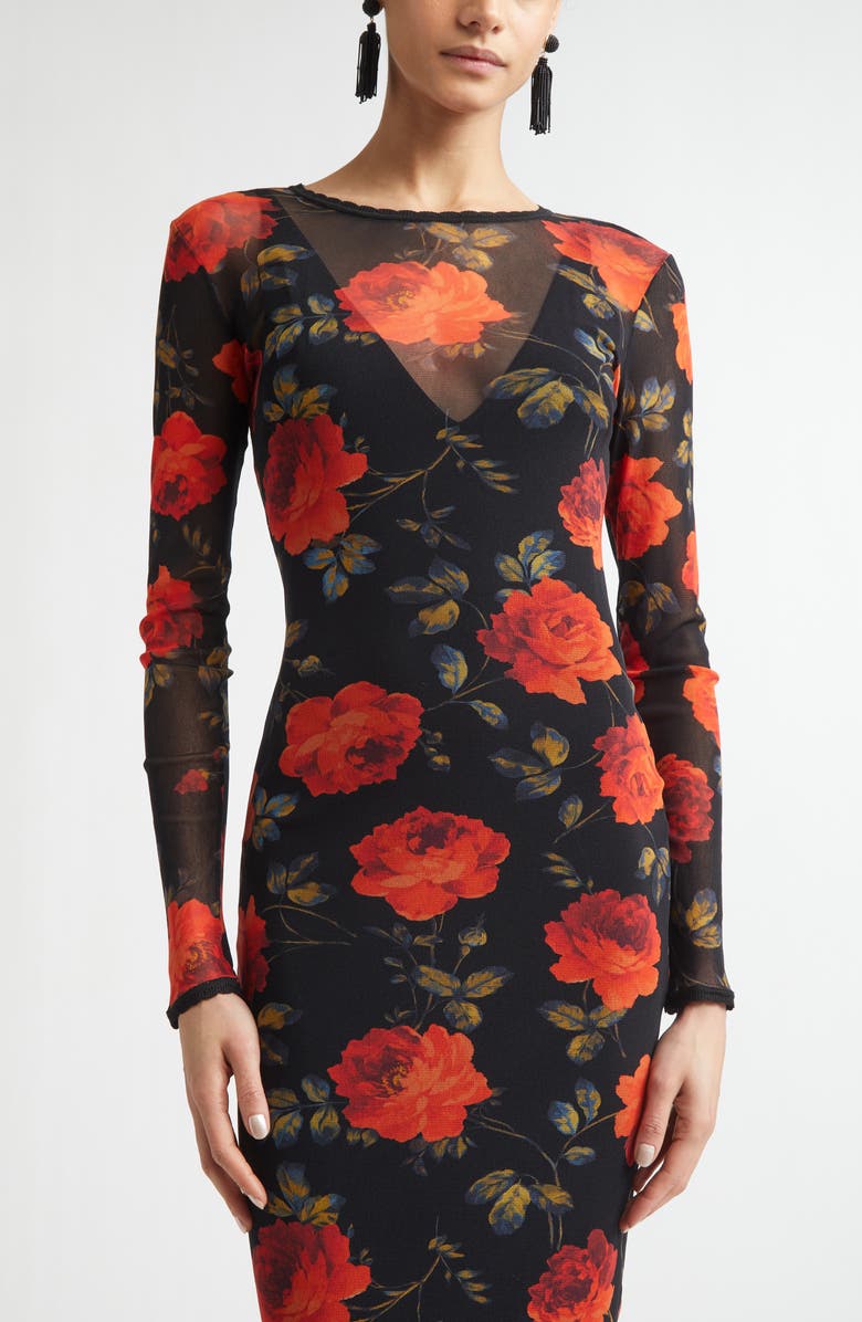 Carolina Herrera Rose Print Long Sleeve Mesh Dress, Alternate, color, Black Multi
