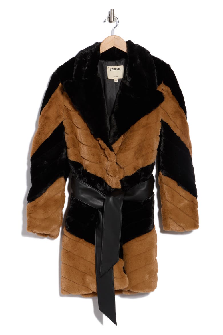Zoya Faux Leather Belted Faux Fur Coat, Alternate, color, BLACK/ BISCOTTI