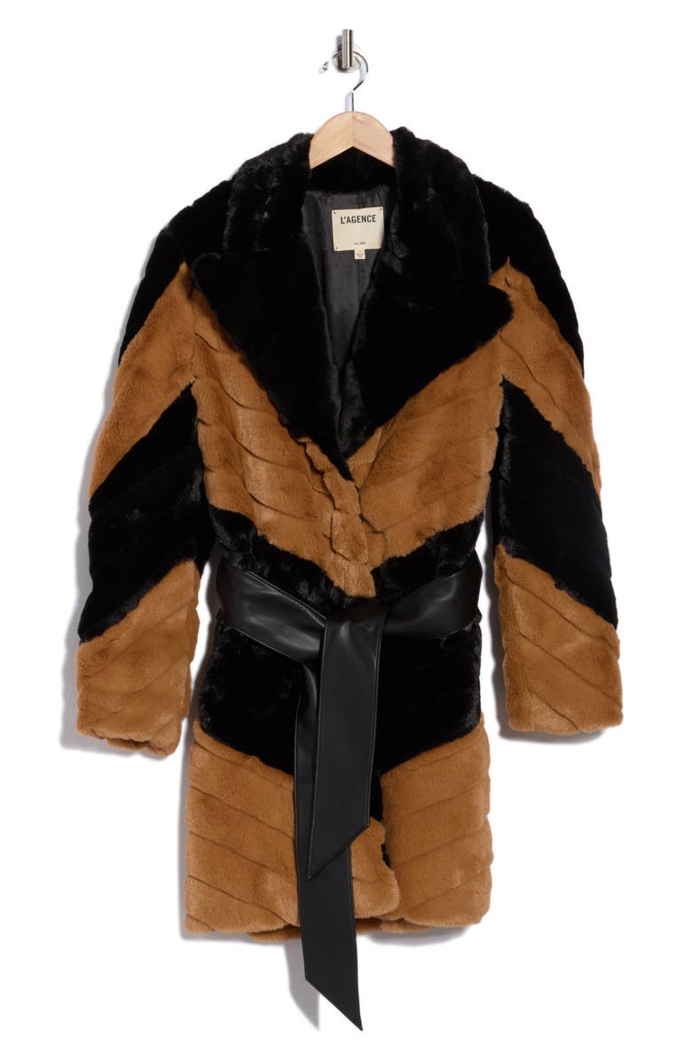 L'AGENCE Zoya Faux Leather Belted Faux Fur Coat, Alternate, color, Black/ Biscotti