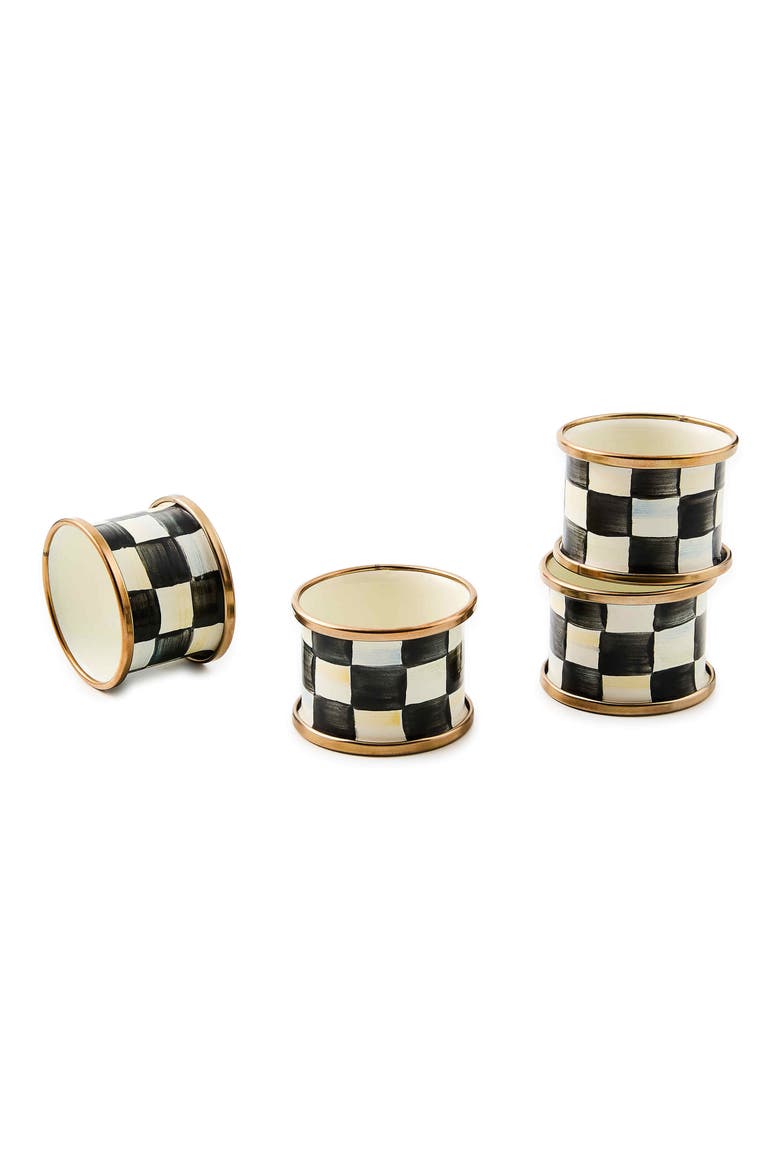 Courtly Check Set of 4 Enameled Steel Napkin Rings, Main, color, BLACK/ WHITE