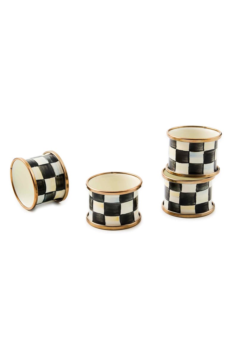 MACKENZIE CHILDS Courtly Check Set of 4 Enameled Steel Napkin Rings, Main, color, Black/ White