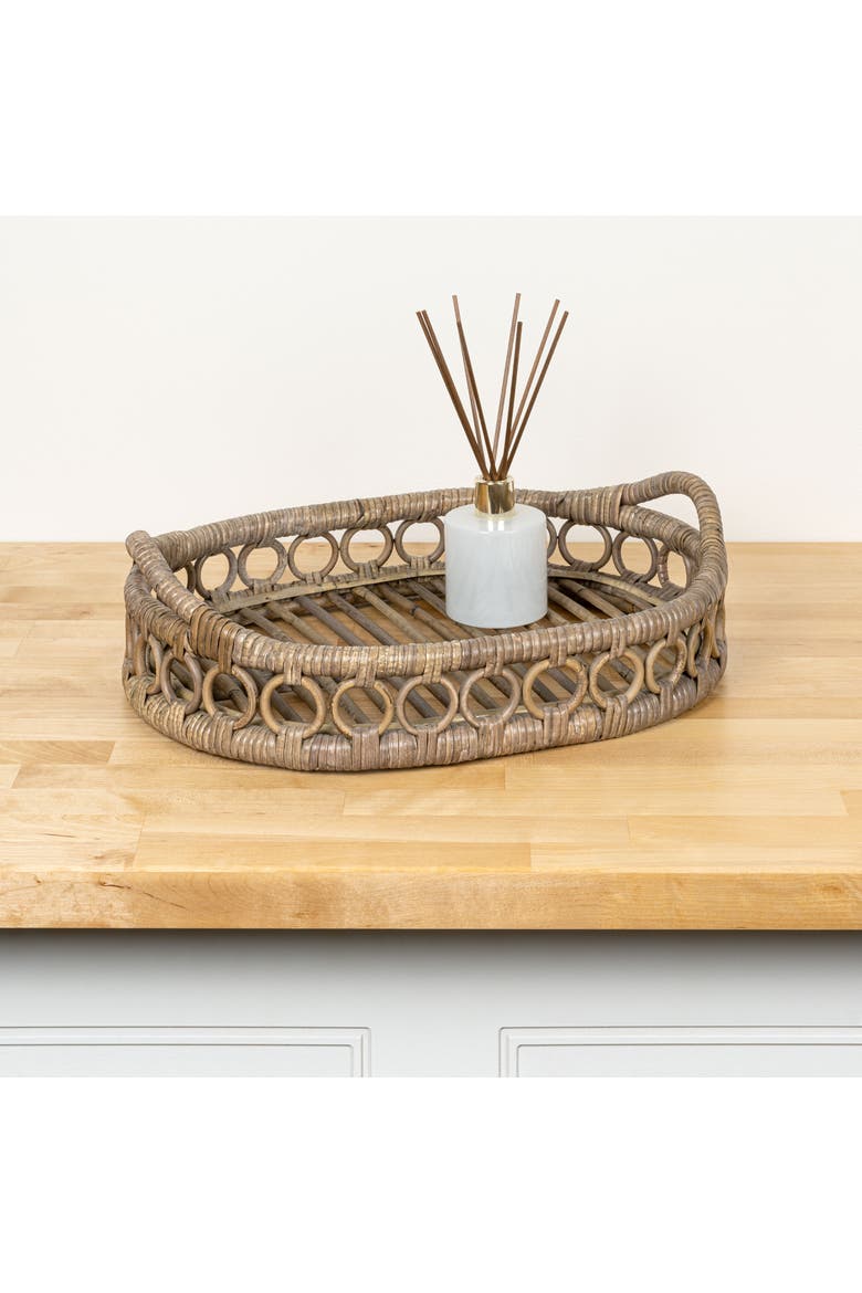 Cassini Handcrafted Rattan Oval Geometric Loop Ring Decorative Serving Tray with Handles and Slat Base, Alternate, color, Gray