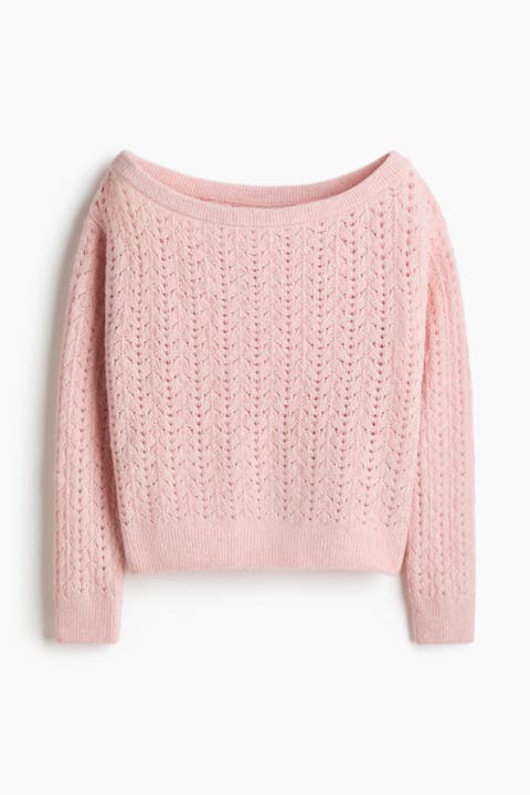 Pointelle-knit Off-the-shoulder Jumper