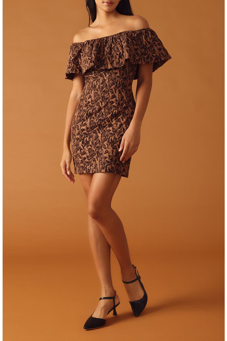 Off the Shoulder Ruffle Short Sleeve Minidress, Alternate, color, BROWN
