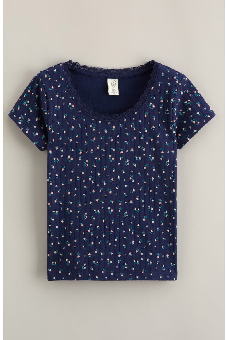 Kids' Lace Trim Pointelle Top, Main, color, NAVY MEDIEVAL MINI ROSETTE