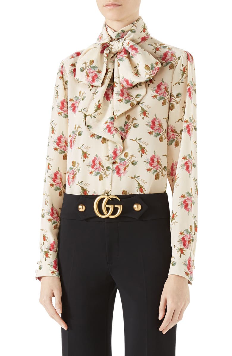 Gucci Rose Print Silk Tie Neck Blouse, Main, color, 