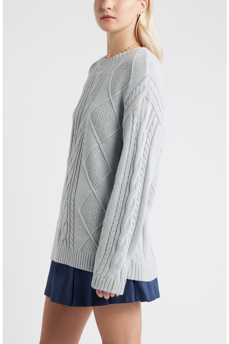 Cabled Oversize Cotton Blend Crewneck Sweater, Alternate, color, GREY SOFT HEATHER