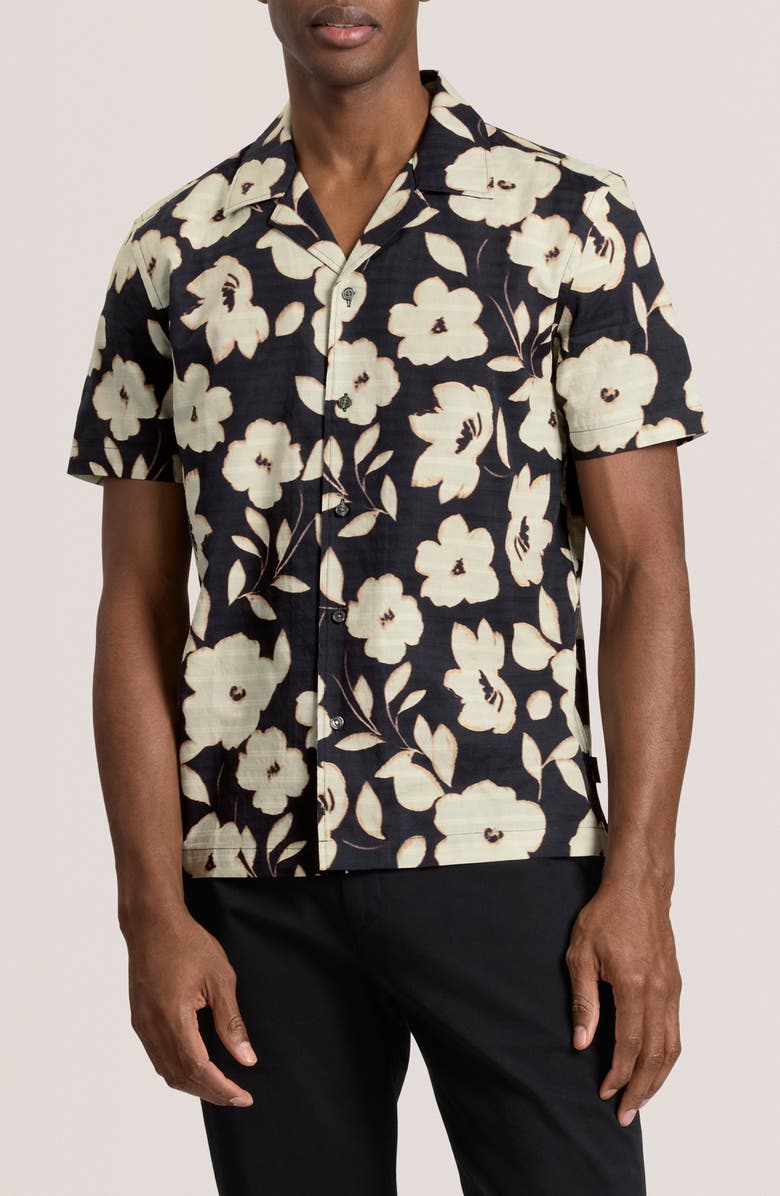 Ted Baker Floral Print Camp Shirt, Main, color, Black Beauty