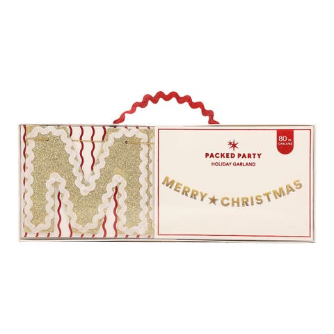 Merry Christmas Gold Shimmer Reusable Banner - 80-Inch Glitter Gold Felt Letters with Ric Rac Trim for Christmas Parties and Holiday Décor