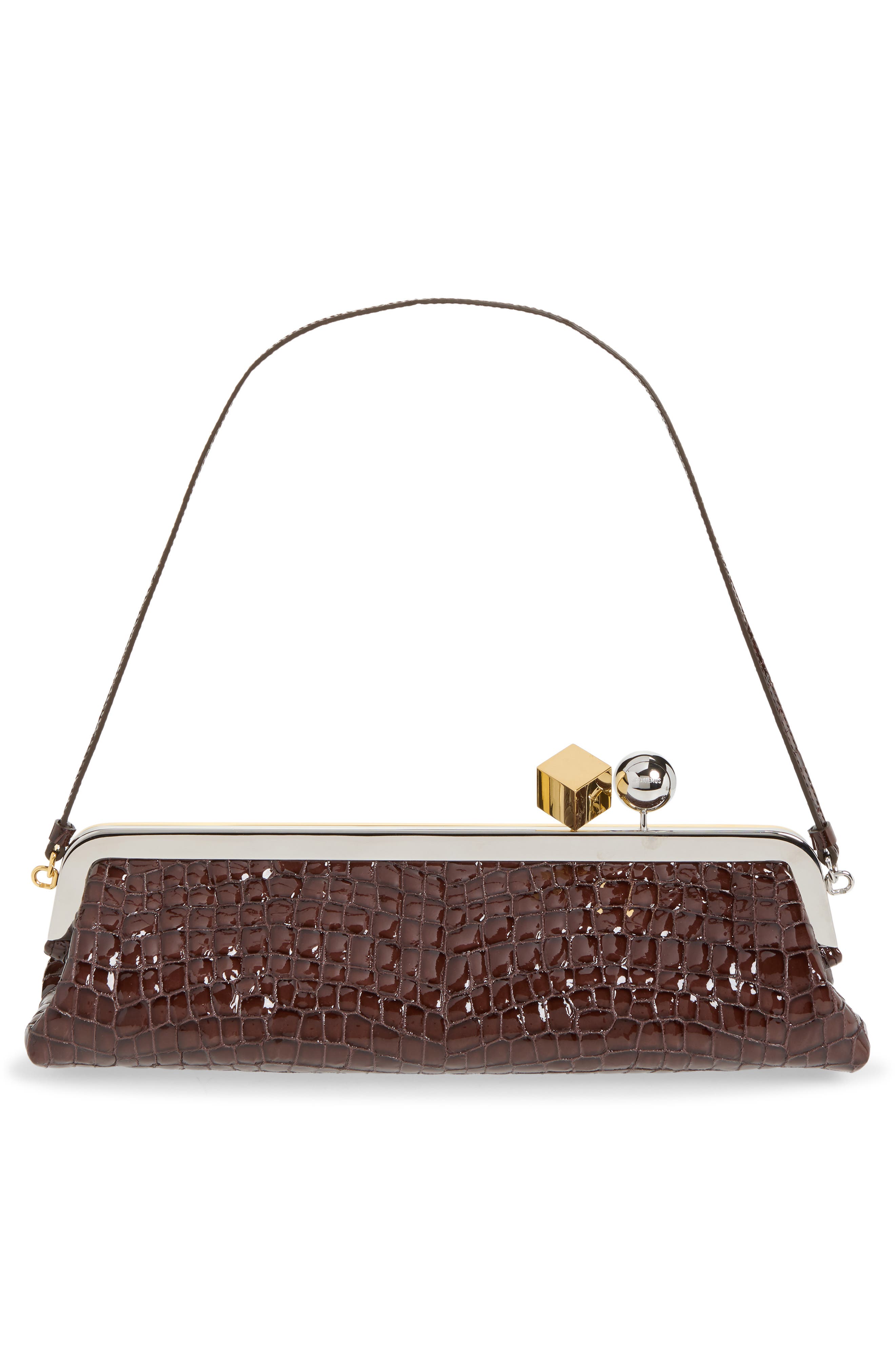La Pochette Salon Croc Embossed Patent Leather Clutch, Alternate, color, BROWN 850