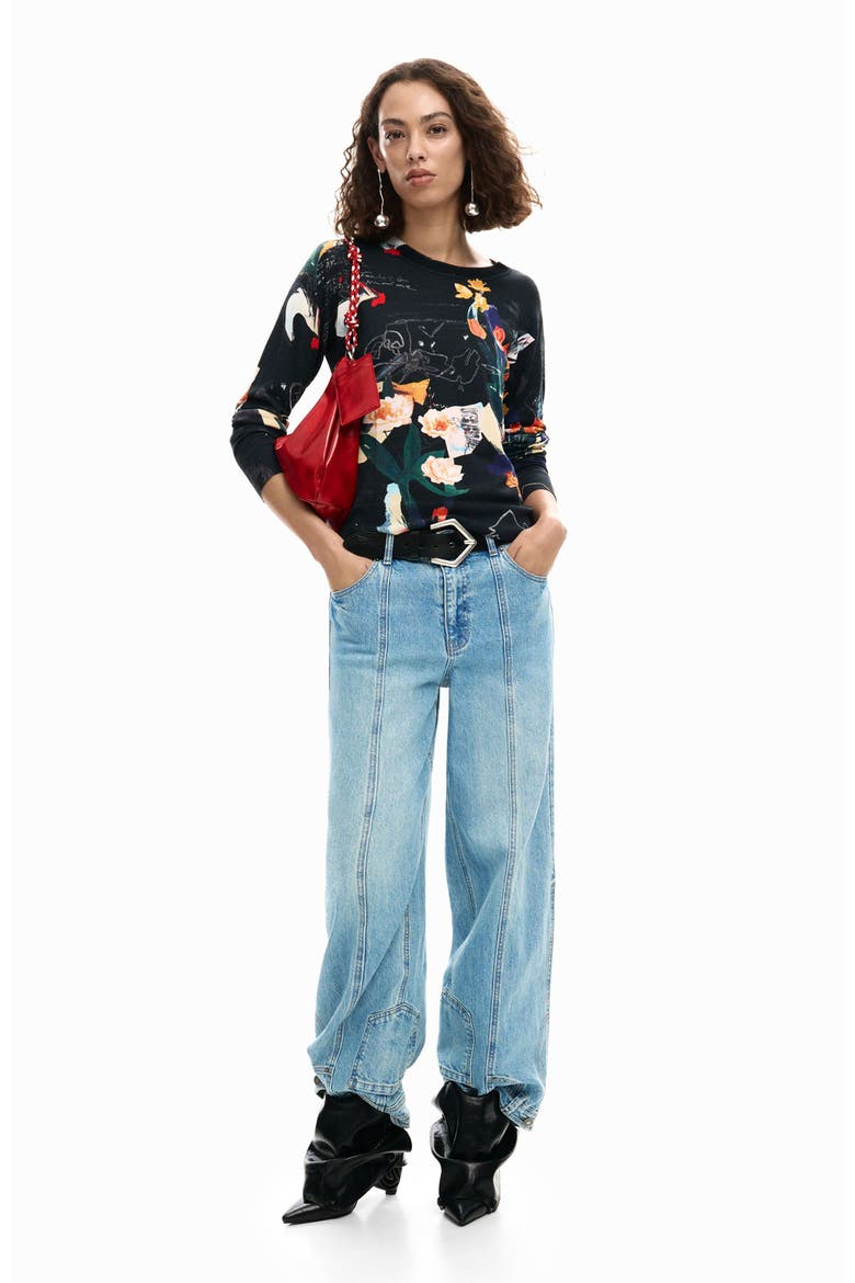 Floral Fine Gauge Crewneck Sweater, Alternate, color, BLACK