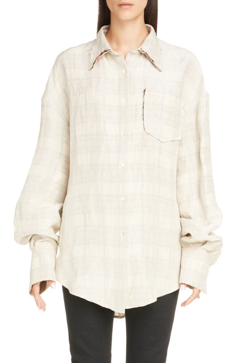 Sadira Check Linen Blend Shirt, Main, color, CREAM/ ORANGE