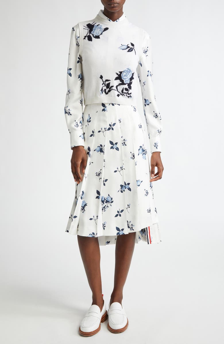 Thom Browne Rose Print Pleated Silk Twill Skirt, Alternate, color, 