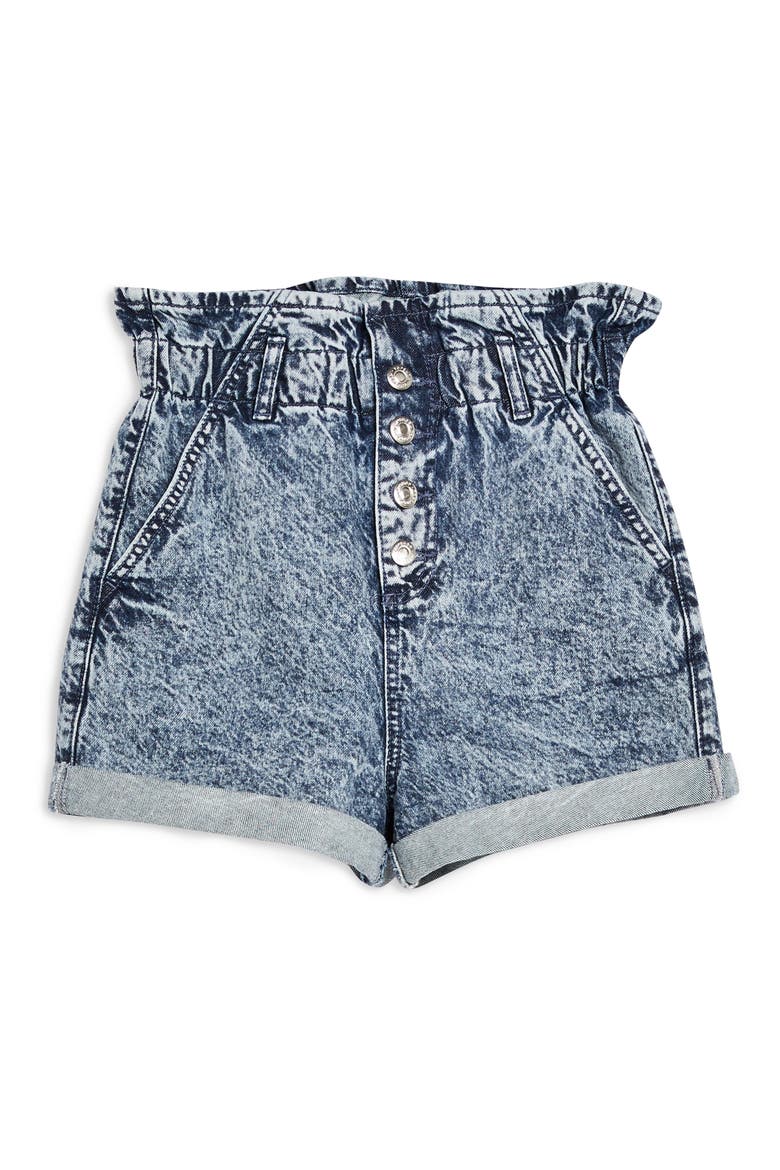 Acid Wash Paperbag Waist Denim Shorts, Alternate, color, MID DENIM