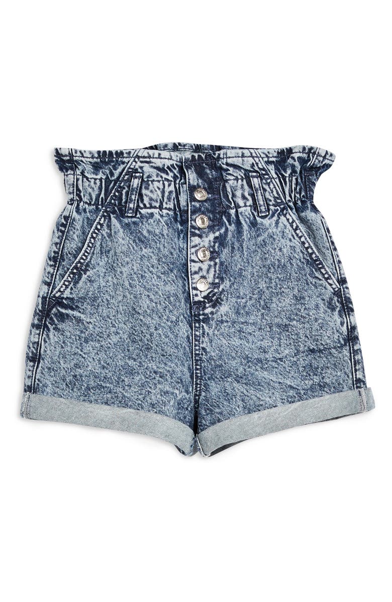 Topshop Acid Wash Paperbag Waist Denim Shorts, Alternate, color,