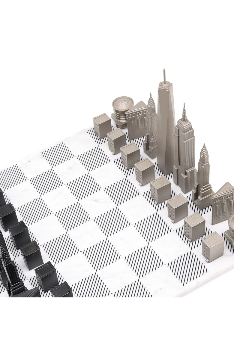 SKYLINE CHESS Chess Set Stainless Steel New York Edition with Marble Hatch Board, Alternate, color, White