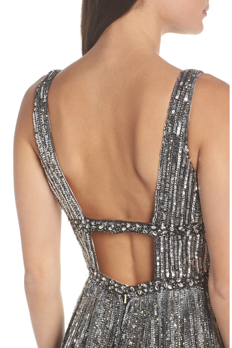 Plunge Neck Sequin Stripe Gown, Main, color, Z/DNUBLACK SILVER